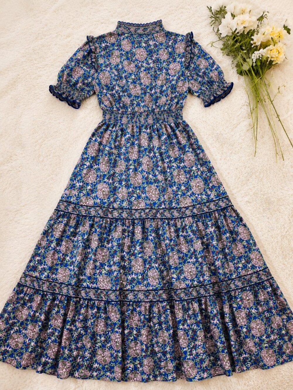 Max Studio London Floral Maxi Dress Blue Green Boho Tiered Ruffle Smocked Waist - Picture 4 of 6